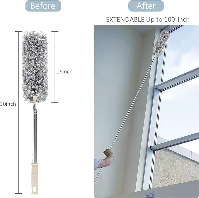 Microfiber Duster with Extension Pole(Stainless Steel) 30 to 100'', with Bendable Head