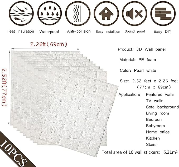 3D Brick Self Adhesive Wallpaper Foam Sheet, High Quality - White – 70*77cm, 5 Pcs