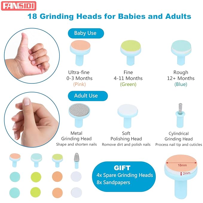 6 in 1 Electric Baby Nail Grinder, Blue/Pink