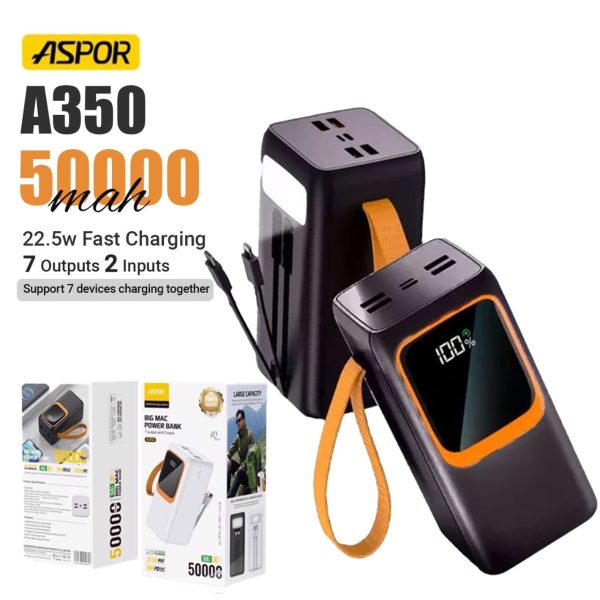 Aspor A350 | 50,000mah – Fast Charging With Built-in Flashlight Power Bank For Mobile And Laptops
