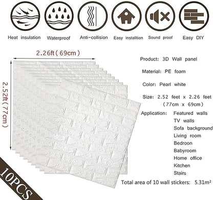 3D Brick Self Adhesive Wallpaper Foam Sheet, High Quality - White – 70*77cm, 5 Pcs