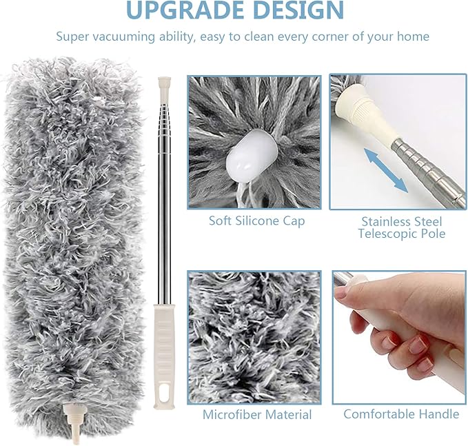 Microfiber Duster with Extension Pole(Stainless Steel) 30 to 100'', with Bendable Head
