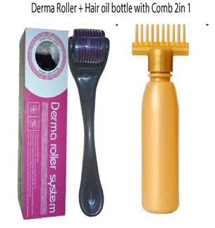 Derma roller + hair oil bottle with comb 2 in 1